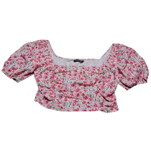 SHEIN Colorful Floral Georgette Ruched Side Zip Puff Sleeve Cropped Top - Picture 1 of 5